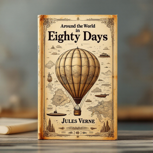 The cover features a vintage poster-style design with a soft brown and beige color scheme. In the center, a hot air balloon is prominently displayed, symbolizing adventure and travel. Surrounding the balloon is an old map, adding to the nostalgic atmosphere. Alongside the map, there are illustrations of a submarine and a train, representing the different modes of transportation in the story.