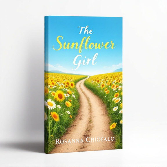 standing book mockup, Its title is "The Sunflower Girl". Its author name is Rosanna Chiofalo.  A winding path through a field of daisies under a clear blue sky. The path leads towards the horizon, creating a sense of journey and adventure. The daisies are in full bloom, adding a touch of romance and nostalgia to the scene. A combination of elegant cursive font for the title "The Sunflower Girl" and a simpler serif font for the author name "Rosanna Chiofalo"., The title is placed at the top of the cover, slightly curved to follow the shape of the sky. The author name is positioned at the bottom right corner, allowing the beautiful landscape to take center stage.