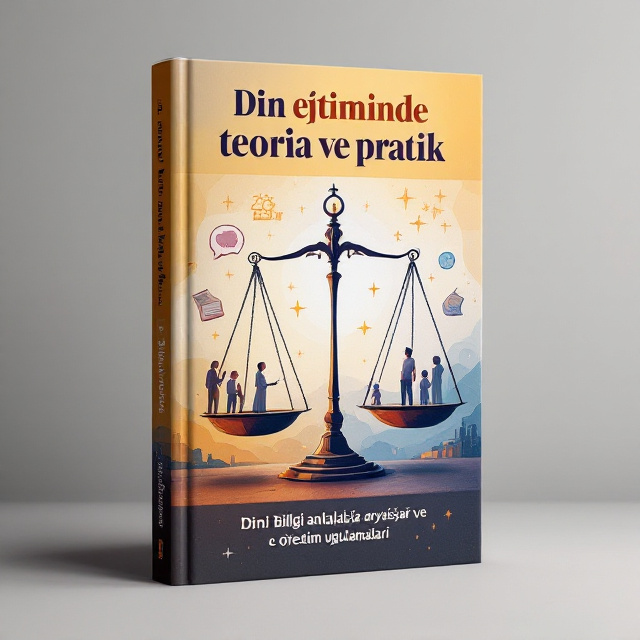 The cover features a balance between reason and belief, with a scale in the center. On one side of the scale, there are symbols representing theories in religion, such as a book and a thinking bubble. On the other side, there are symbols representing practical aspects, such as a teacher and students. The background is a blend of warm and cool colors, representing the intersection of theory and practice.
