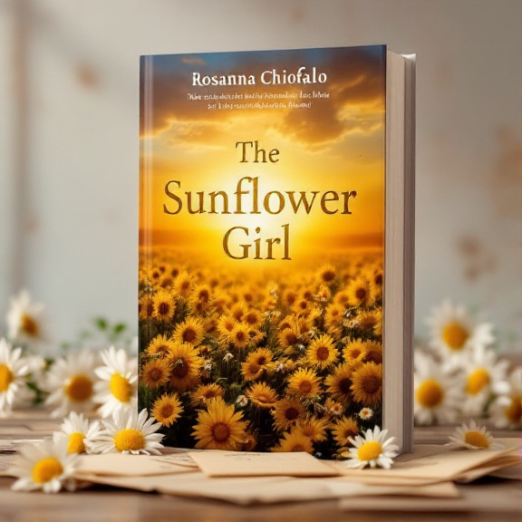 The cover features a warm and inviting sunset view as the background, with scattered old letters and daisies placed on top of it. The title "The Sunflower Girl" is displayed prominently in golden yellow font, with the author's name, Rosanna Chiofalo, appearing below it.