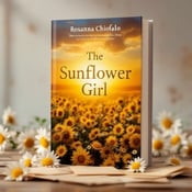 standing book mockup, Its title is "The Sunflower Girl". Its author name is Rosanna Chiofalo.  The cover features a warm and inviting sunset view as the background, with scattered old letters and daisies placed on top of it. The title "The Sunflower Girl" is displayed prominently in golden yellow font, with the author's name, Rosanna Chiofalo, appearing below it. The title is written in a bold and elegant font that evokes a sense of mystery and legacy. The author's name is displayed in a slightly smaller and more delicate font, complementing the overall design., The visual elements are arranged in a balanced and harmonious manner, with the sunset view taking up the majority of the background and the old letters and daisies placed strategically to create visual interest.