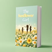 standing book mockup, Its title is "The Sunflower Girl". Its author name is Rosanna Chiofalo.  The cover features silhouetted figures, representing freedom and hope, running towards a horizon filled with daisies. The figures are in dynamic poses to convey a sense of movement and energy. The title, "The Sunflower Girl," is written in a playful yet elegant font that complements the overall design. The author's name, "Rosanna Chiofalo," is placed below the title in a bold, contrasting font., The title and author's name are centered at the top of the cover, with the silhouetted figures placed below, running towards the horizon. The background is a soft green, creating a calming and reflective atmosphere.