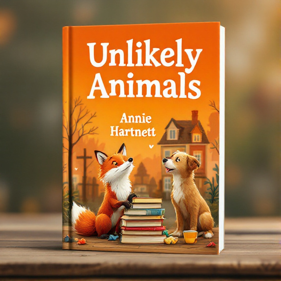 A warm orange background with a charming small-town backdrop. A playful fox and dog are seen near a stack of books. The animals are interacting in a humorous and nostalgic manner.