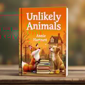 standing book mockup, Its title is "Unlikely Animals". Its author name is Annie Hartnett.  A warm orange background with a charming small-town backdrop. A playful fox and dog are seen near a stack of books. The animals are interacting in a humorous and nostalgic manner. The book title "Unlikely Animals" is written in a bold and whimsical font, with the word "Unlikely" slightly larger and placed at the top. The author's name "Annie Hartnett" is written in a more elegant and refined font, placed at the bottom., The animals and books are the main focal point, placed at the center of the cover. The title and author name are positioned above and below the central image, maintaining a balanced composition.