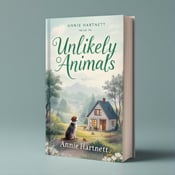 standing book mockup, Its title is "Unlikely Animals". Its author name is Annie Hartnett.  The cover features a serene landscape with a dog sitting near a cozy family house. The house is surrounded by lush trees and under a vast sky, creating a sense of peace and tranquility. The title "Unlikely Animals" is written in elegant and flowing font, with a soft green color that complements the natural elements of the cover. The author name "Annie Hartnett" is placed at the bottom in a clean and simple font., The title is positioned at the top, spanning across the width of the cover, while the author name is centered at the bottom. The visual elements are placed in a balanced and symmetrical manner, with the dog and house slightly off-center to create visual interest.