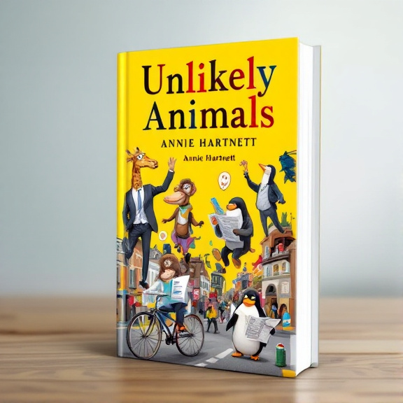 The cover features a vibrant yellow background, with a bustling town scene at the bottom. Quirky animals, such as a giraffe in a suit, a monkey riding a bicycle, and a penguin reading a newspaper, are engaged in humorous human-like activities. The title "Unlikely Animals" is prominently displayed at the top, with the author's name "Annie Hartnett" below it.