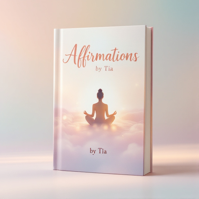 A soothing, pastel-colored background with a soft gradient. In the center, a serene image of a person meditating, surrounded by gentle rays of light. The book title "Affirmations" is written in a decorative script font, with the word "by" in a minimalist sans-serif font below it.