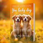 standing book mockup, Its title is "You Lucky Dog". Its author name is Julia London.  Two dogs sitting side by side on a grassy field, with warm sunlight streaming over them. The dogs have playful expressions on their faces and are looking towards the viewer. The background is filled with vibrant orange hues, creating a sense of warmth and romance. The title, "You Lucky Dog," is written in a whimsical and playful font, with each word placed on a separate line. The author's name, "Julia London," is written in a more elegant and romantic script font, positioned below the title., The dogs are positioned in the center of the cover, with the title placed above them and the author's name below. The layout is clean and balanced, allowing the dogs to be the focal point.