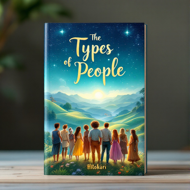 The cover showcases a mystical landscape with rolling hills and a glowing blue sky. In the foreground stands a group of diverse characters, each representing a different type of person. They are dressed in vibrant fantasy attire and exude an aura of happiness and curiosity. The overall style is whimsical and enchanting, capturing the essence of the fantasy genre.