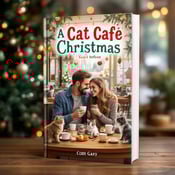 standing book mockup, Its title is "A Cat Cafe Christmas". Its author name is Codi Gary.  The cover features a lively café scene, with tables decorated for Christmas and cats playing around them. In the center, a couple is sharing a warm moment, surrounded by adorable adoptable cats. The overall atmosphere is joyous and festive, with Christmas decorations and coffee cups scattered around. The title "A Cat Cafe Christmas" is written in a playful and whimsical font, with the words "Cat Cafe" highlighted in a contrasting color to emphasize the main theme of the book. The author's name, Codi Gary, is displayed in a more elegant and sophisticated font., The main focus is on the couple in the center, with the cats and café scene serving as the background. The title is placed at the top, while the author's name is positioned at the bottom. The arrangement ensures that the central elements are easily recognizable.