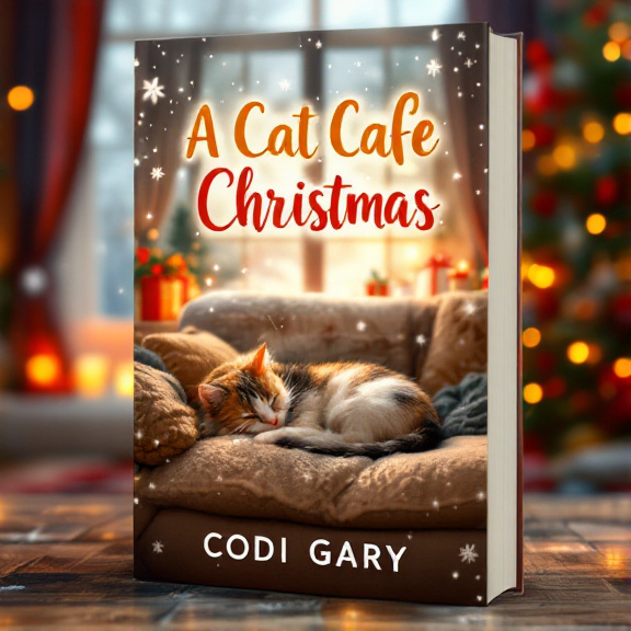 The cover features an inviting living room during Christmas, with a large window showing snow falling outside. The central focus is a cute cat curled up on a cozy couch, bathed in soft lighting that creates a warm and inviting ambiance. The overall style is warm and comforting, capturing the essence of the story.
