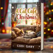 standing book mockup, Its title is "A Cat Cafe Christmas". Its author name is Codi Gary.  The cover features an inviting living room during Christmas, with a large window showing snow falling outside. The central focus is a cute cat curled up on a cozy couch, bathed in soft lighting that creates a warm and inviting ambiance. The overall style is warm and comforting, capturing the essence of the story. The book title "A Cat Cafe Christmas" is displayed in a playful and whimsical font, conveying the lighthearted nature of the story. The author name "Codi Gary" is presented in a more elegant and sophisticated font to establish credibility., The cat is positioned in the center of the cover, drawing attention to it as the main focal point. The title is placed above the cat, with the author name below, creating a balanced composition.
