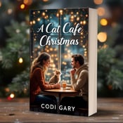 standing book mockup, Its title is "A Cat Cafe Christmas". Its author name is Codi Gary.  The cover features a close-up scene of a couple sitting at a cozy window table in a cat cafe. They are holding hands, while a cute cat sits between them, symbolizing the bond they share. Christmas lights are reflected on the window pane, creating a magical and romantic atmosphere. The book title, "A Cat Cafe Christmas," is written in an elegant and slightly curvy font, conveying the charm of a holiday romance. The author's name, Codi Gary, is displayed in a simpler and bolder font, ensuring readability., The visual elements are centered on the cover, with the couple and cat placed slightly towards the top. The title and author name are positioned at the bottom, allowing the main scene to take the focus.