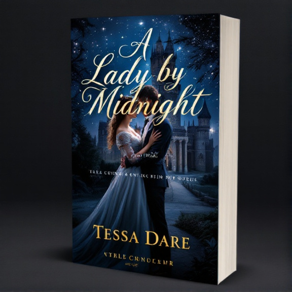 The cover features a couple dressed in elegant period clothing, standing in a passionate embrace in front of a grand historical castle. The night sky is filled with stars, creating a sense of mystery and enchantment.