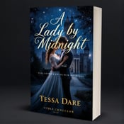 standing book mockup, Its title is "A Lady by Midnight". Its author name is Tessa Dare.  The cover features a couple dressed in elegant period clothing, standing in a passionate embrace in front of a grand historical castle. The night sky is filled with stars, creating a sense of mystery and enchantment. The book title "A Lady by Midnight" is written in an elegant, cursive font in gold, with a subtle glow effect. The author name "Tessa Dare" is written in a classic serif font in a smaller size, positioned below the title., The couple is positioned slightly off-center, with the castle filling the background. The title is placed diagonally across the top half of the cover, with the author name aligned to the right side of the cover.
