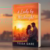 standing book mockup, Its title is "A Lady by Midnight". Its author name is Tessa Dare.  A couple joyfully embracing on a rooftop with a city skyline at sunset. The sunset orange color will dominate the background, creating a warm and romantic atmosphere. The couple will be dressed in modern fashion, laughing and connecting with each other. The book title "A Lady by Midnight" will be displayed in a modern yet elegant font, with a slight curve to mimic the shape of the city skyline. The author name "Tessa Dare" will be displayed in a smaller and more delicate font at the bottom of the cover., The couple will be positioned on the left side of the cover, with the city skyline stretching across the rest of the cover. The book title will be placed at the top center, and the author name will be at the bottom center.