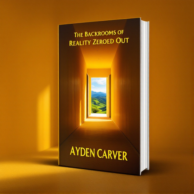 The cover features a hallway stretching into the distance, with yellow walls and a beige carpet. At the end of the hallway, there is a doorway leading to vibrant green hills and a vibrant blue sky. The hallway is dimly lit, creating a sense of eeriness and horror.