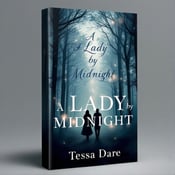 standing book mockup, Its title is "A Lady by Midnight". Its author name is Tessa Dare.  The cover features a misty forest with tall, shadowy trees. In the center, two figures emerge from the darkness, their faces hidden. Ethereal lights glow among the trees, creating an alluring and mysterious atmosphere. The book title "A Lady by Midnight" is written in an elegant and slightly whimsical serif font, with a touch of mystery. The author's name, Tessa Dare, is displayed in a smaller, sleek font at the bottom of the cover., The title and author name are positioned vertically, with the title taking up the top half of the cover and the author's name aligned at the bottom. The forest and figures occupy the central area, creating a balanced composition.