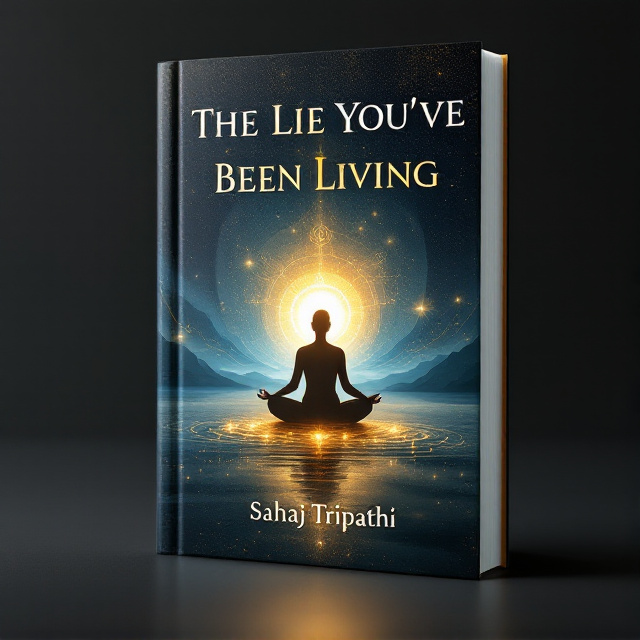 The cover features an abstract landscape transitioning from shadow to light, with gradients of deep blues and radiant golds. In the center, a figure in a meditative pose radiates light, surrounded by subtle, glowing symbols of spiritual significance such as lotus flowers and light rays. Faint, swirling patterns and textures in the background represent the complexities of life and the interconnectedness of all beings.