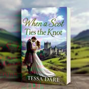 standing book mockup, Its title is "When a Scot Ties the Knot". Its author name is Tessa Dare.  The cover features a kilted man and a woman in period dress locked in a passionate embrace on a hillside overlooking a majestic Scottish castle. The rolling green hills and blue sky create a sense of adventure and romance. The book title "When a Scot Ties the Knot" is displayed in an elegant, cursive font with a gold gradient effect, giving it a touch of opulence. The author name "Tessa Dare" is shown in a bold, serif font, positioned below the title., The couple is placed in the center of the cover, with the castle positioned slightly behind them to add depth. The book title is placed above the couple, while the author name is positioned at the bottom for balance.