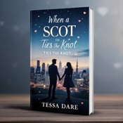 standing book mockup, Its title is "When a Scot Ties the Knot". Its author name is Tessa Dare.  The cover features a city skyline at dusk, with a couple standing in the foreground. The couple is holding hands, their silhouettes creating a romantic and mysterious atmosphere. Subtle heart motifs are scattered throughout the cover, adding a touch of romance. The book title "When a Scot Ties the Knot" is displayed in an elegant and modern font, with the word "Scot" emphasized in a bold and eye-catching style. The author's name, Tessa Dare, is placed below the title in a more delicate font., The city skyline takes up the majority of the cover, with the couple placed slightly off-center, drawing attention to their connection. The title and author's name are positioned at the top and bottom of the cover respectively, allowing the visuals to take center stage.