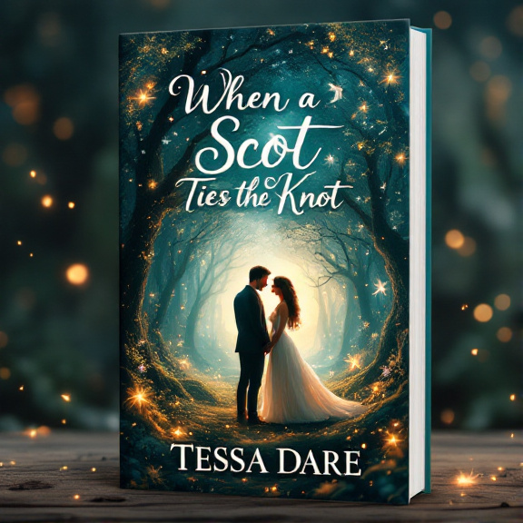 standing book mockup, Its title is "When a Scot Ties the Knot". Its author name is Tessa Dare.  The cover features a couple standing in the center of an enchanted forest. The forest is filled with mystical creatures like fairies, unicorns, and fireflies. The couple is surrounded by glowing elements, depicting the magical enchantment of their love. The overall style is whimsical and dreamy, with soft pastel colors and a touch of sparkle. The title of the book, "When a Scot Ties the Knot," is written in an elegant, flowing font that resembles handwritten calligraphy. The author's name, Tessa Dare, is displayed in a simpler but still elegant font below the title., The couple is positioned towards the center of the cover, with the enchanted forest surrounding them. The title is placed at the top, slightly curved to follow the shape of the forest canopy. The author's name is placed at the bottom, centered and slightly larger than the title.