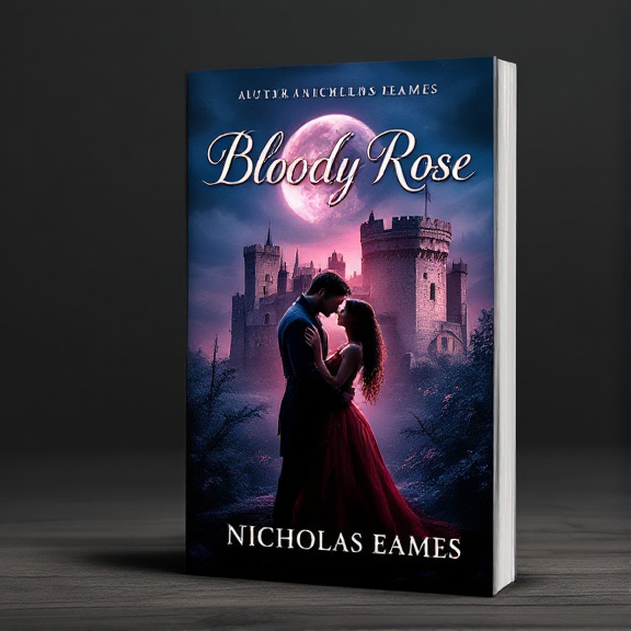 A medieval castle is seen in silhouette against a moonlit sky, with a couple embracing in the foreground, their passionate embrace creating tension and intrigue.