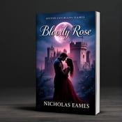 standing book mockup, Its title is "Bloody Rose". Its author name is Nicholas Eames.  A medieval castle is seen in silhouette against a moonlit sky, with a couple embracing in the foreground, their passionate embrace creating tension and intrigue. The book title "Bloody Rose" is written in a bold, elegant font that complements the historical romance genre. The author name, Nicholas Eames, is displayed in a smaller, more understated font beneath the title., The title and author name are placed at the top and bottom of the cover respectively, with the castle and figures taking center stage. The moon is positioned to the side, casting a soft glow over the scene.