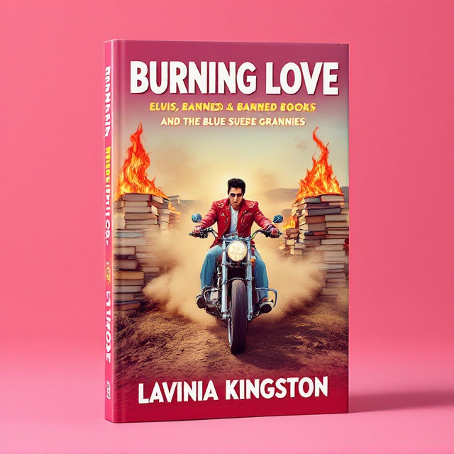 The background of the cover is a vibrant, sassy pink color. In the center, there is a large image of Elvis riding a motorcycle through a cow pasture, with a trail of dust behind him. On either side of Elvis, there are stacks of burning books, creating a bonfire effect. The title, "Burning Love Elvis, Banned Books, and the Blue Suede Grannies," is displayed in bold, playful typography at the top of the cover. At the bottom, the author's name, Lavinia Kingston, is written in a more elegant font.