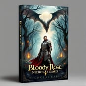 standing book mockup, Its title is "Bloody Rose". Its author name is Nicholas Eames.  The hero in shining armor is shown standing in the center of the cover, holding a sword and looking determined. An enchanted forest forms the background, with ancient trees and glowing magical elements. In the distance, a dragon arches in the sky, adding a sense of danger and adventure. The title "Bloody Rose" is written in bold, elegant font with a metallic texture, giving it a medieval feel. The author name "Nicholas Eames" is placed below the title in a simpler, yet still decorative font., The hero is the central focus of the cover, with the dragon and forest surrounding him. The title and author name are placed at the bottom of the cover, leaving room for the artwork to shine.