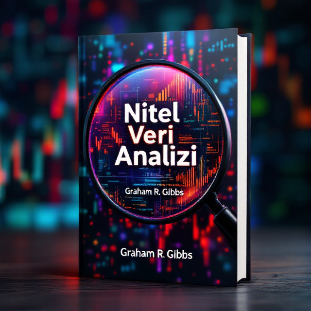 The cover features a close-up image of a magnifying glass overlaying a colorful abstract background representing data patterns. The book title "Nitel Veri Analizi" is prominently displayed in the center, with the author's name "Graham R. Gibbs" below it.