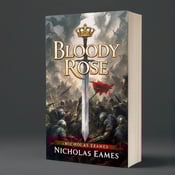 standing book mockup, Its title is "Bloody Rose". Its author name is Nicholas Eames.  The cover features a dramatic battle scene with warriors engaged in combat, showcasing their courage and loyalty. A prominent sword is positioned in the center, symbolizing the sacrifices made. The royal crest is placed in the upper corner, representing the noble lineage of the characters. The title "Bloody Rose" is displayed in bold, elegant font, with a touch of calligraphy to convey the fantasy genre. The author's name, Nicholas Eames, is shown in a simple yet sophisticated font below the title., The battle scene is the focal point, taking up most of the cover, while the title and author's name are placed strategically to not overcrowd the composition.