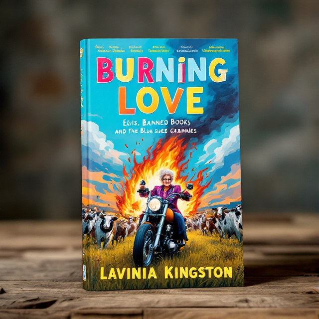 The cover features a bold and vibrant illustration of Elvis in his iconic jumpsuit, surrounded by a bonfire of burning books. In the foreground, a sassy grandmother is seen riding a motorcycle through a cow pasture. The colors are bright and eye-catching, with a mix of blues, reds, and yellows.