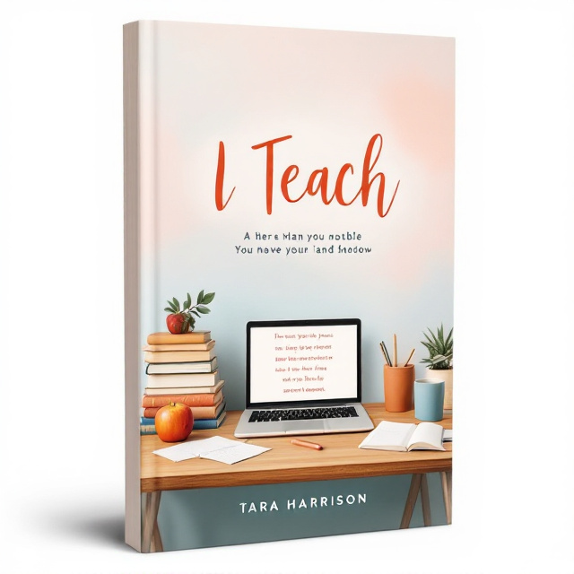 The cover features a soft, warm color palette with a blend of pastel tones. The central element is a wooden desk, showcasing a stack of books and an apple. On the desk, a laptop is open, displaying a page with poetry verses. The composition also includes a few scattered loose sheets of paper with handwritten notes. The overall style is minimalist, with a touch of whimsy and nostalgia.
