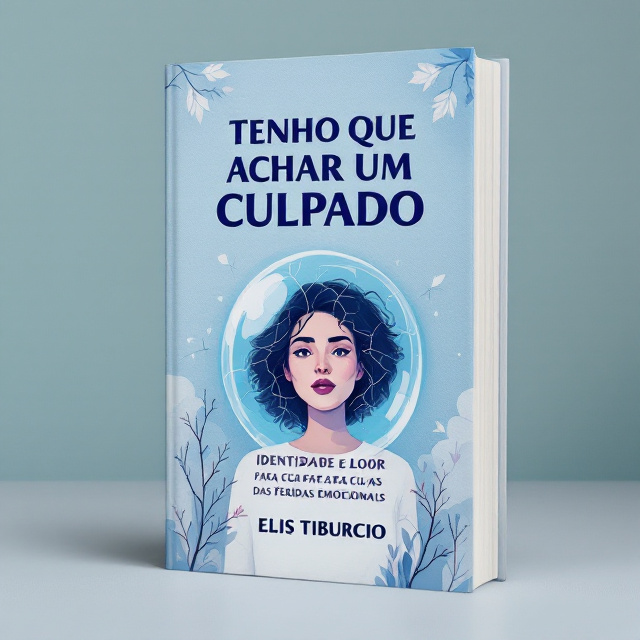 The title "Tenho que Achar um Culpado" is displayed prominently in a large, impactful font, conveying seriousness and urgency. The color is a deep shade of blue, representing introspection. Below the title, the subtitle "Identidade e Valor para Cura das Feridas Emocionais" is displayed in a smaller but still prominent font. In the center of the cover, there is an illustration of a woman inside a translucent bubble. The woman has a determined expression, symbolizing her desire to break free. The bubble has cracks, representing the woman's inner strength to overcome limitations. The background features soft and calming colors such as light blue or lilac, evoking tranquility and introspection. Additionally, there are elements of nature such as leaves or broken branches, representing growth and the breaking of barriers.