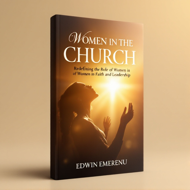 The cover features an image of a woman with her hands raised in praise, surrounded by a soft golden glow. The title "WOMEN IN THE CHURCH" is prominently displayed in bold, elegant font at the top, while "Redefining the Role of Women in Faith and Leadership" is written in smaller, more delicate font below. The author's name, EDWIN EMERENU, is positioned discreetly at the bottom of the cover.