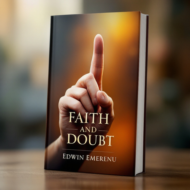 A close-up of a human hand, with one finger pointing upward, symbolizing faith, and another finger pointing downward, symbolizing doubt. The background is a gradient of warm colors, representing hope and spirituality.