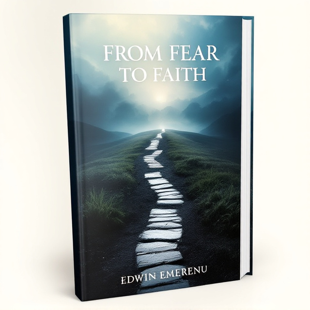 The cover features a serene landscape with a path leading from darkness to light. On the path, there are footsteps transitioning from fearful to confident, symbolizing the journey from fear to faith. The title is placed at the top, with the author's name positioned at the bottom right corner. The overall style is clean and minimalist, allowing the visual elements to take center stage.