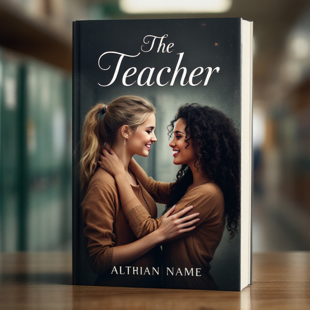 A blonde female student is shown standing close to a dark curly-haired female teacher. They are looking at each other with affectionate smiles, indicating their love for each other. The background is a school setting, with lockers and classroom doors in the distance, symbolizing the forbidden nature of their relationship.