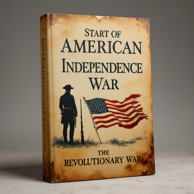 The cover features a vintage illustration of a soldier from the American Revolutionary War, standing tall and proud with a musket in hand. The soldier is positioned on the left side of the cover, while on the right side, there is a faded image of the American flag, symbolizing the start of American independence. The background is textured to resemble aged parchment, adding to the historic feel.