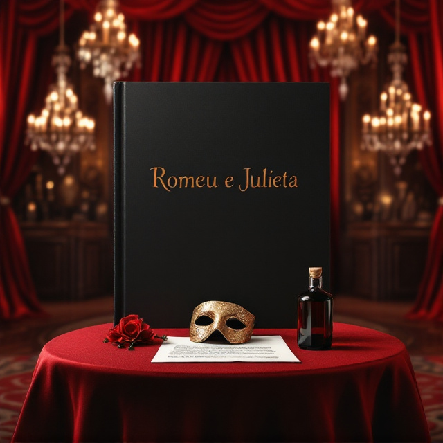 A grand ballroom with elegant chandeliers hanging from the ceiling and a red curtain as the backdrop. In the center, a coffee table with a red tablecloth is adorned with a ball mask placed on top of a contract paper. Next to it, a bottle of poison adds an element of intrigue.