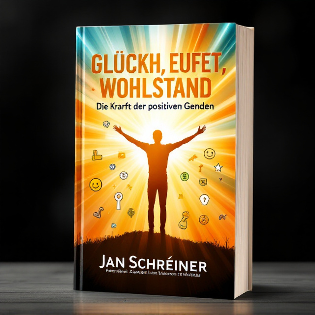 An uplifting and vibrant background with rays of light shining through, symbolizing positivity and personal growth. In the center of the cover, a silhouette of a person standing with arms wide open, representing empowerment and embracing a prosperous future. Surrounding the silhouette are various icons and symbols related to success, happiness, and abundance, such as a dollar sign, a smiling face, and a golden key.