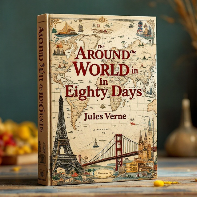 The cover features an antique world map as the background, with the protagonist's travel route highlighted through dotted lines. The map is surrounded by illustrations of famous landmarks, including the Eiffel Tower and Golden Gate Bridge. The illustrations are detailed and vibrant, adding visual interest to the cover.