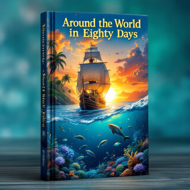 The cover features a vibrant and captivating scene of the Nautilus sailing across the deep blue ocean. The ship is surrounded by exotic sea creatures, such as dolphins and colorful fish, while lush green landscapes and palm trees can be seen in the distance. The image is set against a stunning sunset, with warm orange and golden tones illuminating the sky.