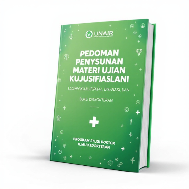 The book cover features a vibrant green background with a prominent UNAIR logo placed at the top. The title of the book is placed in bold white letters in the center, while the author's name is displayed in a smaller, elegant font at the bottom. A subtle pattern of medical symbols is scattered across the cover, creating a sense of professionalism and expertise.