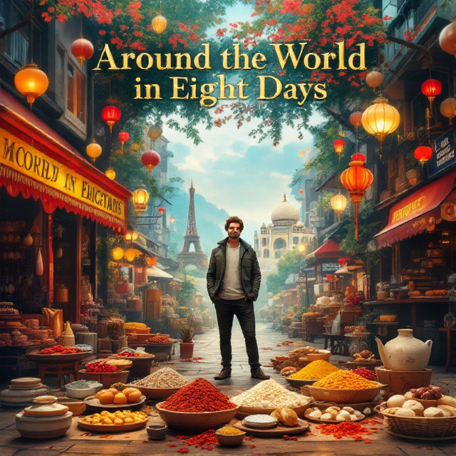 The cover features the protagonist standing at the center, surrounded by a collage of vibrant cultural elements from different countries, such as Indian spices, French pastries, and Chinese lanterns. The scene is set against a backdrop of a bustling marketplace, with glimpses of diverse landscapes in the background, including the Eiffel Tower and the Taj Mahal.