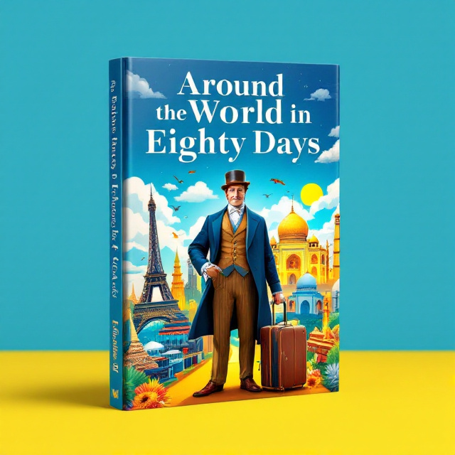 The cover features a vibrant scene with Phileas Fogg at the center, dressed in a gentleman's attire and holding travel luggage. The background showcases famous landmarks from different cultures, such as the Eiffel Tower, Great Wall of China, and Taj Mahal, representing Fogg's adventurous journey around the world. The colors used are bright blues and yellows, creating a visually appealing and energetic atmosphere.