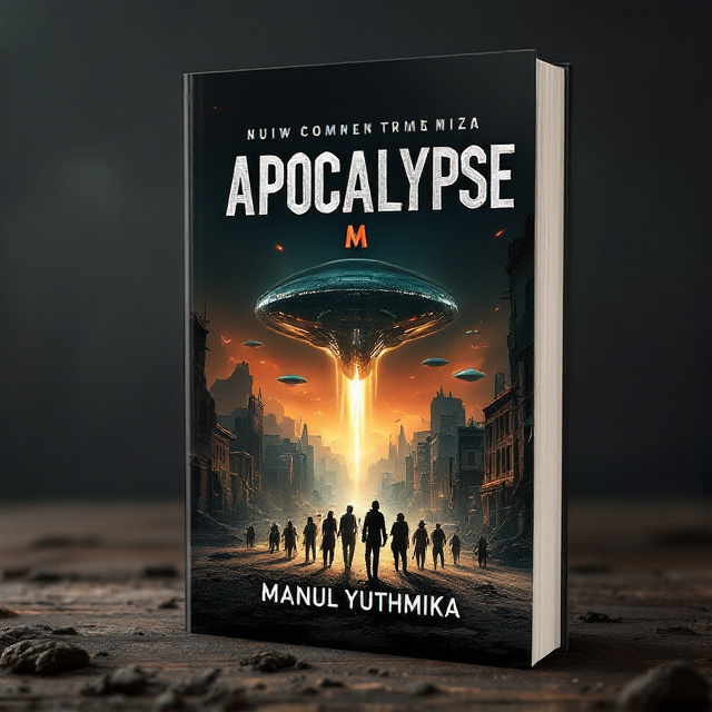 The cover features a barren landscape with crumbling buildings and deserted streets, symbolizing a land without humankind. In the foreground, a group of survivors can be seen, huddled together and armed with makeshift weapons, representing the struggle for survival. Above them, alien ships loom ominously in the dark sky, indicating an impending invasion. The overall visual style is dark and gritty, with a touch of sci-fi.