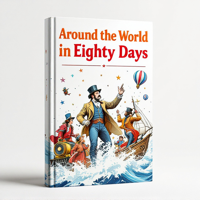 The cover features a large illustration of Phileas Fogg and his travel companions, with Fogg positioned at the center and the others surrounding him. They are depicted engaging in different modes of travel, such as riding a train, floating in a hot air balloon, and sailing on a ship. The illustration is bold and dynamic, creating a sense of exploration and excitement. A white background provides a striking contrast to the vibrant colors used in the illustration.