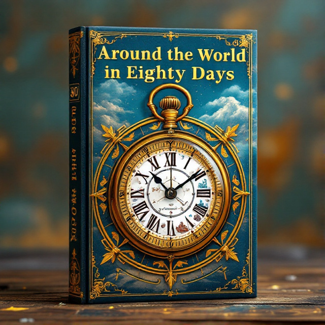 The cover features a vintage compass at the center, surrounded by a border of intricate gold and brass designs. Inside the compass, there is a pocket watch with the hands pointing towards the number 80. Each hour segment of the pocket watch reveals glimpses of various landmarks and modes of transportation from around the world. The background consists of a rich blue sky with hints of earthy brown tones.